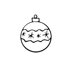 Vector Christmas outline tree ball. Element of New year and xmas design in doodle style, isolated. Simple hand drawn illustration for greeting cards, calendars, prints, childrens coloring book