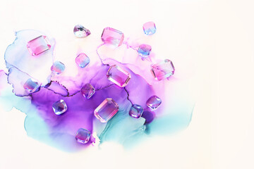 Fototapeta premium art photography of abstract alcohol ink fluid painting, pink and purple colors with gem stones