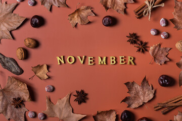 Autumn fall November composition with decorative dried leaves