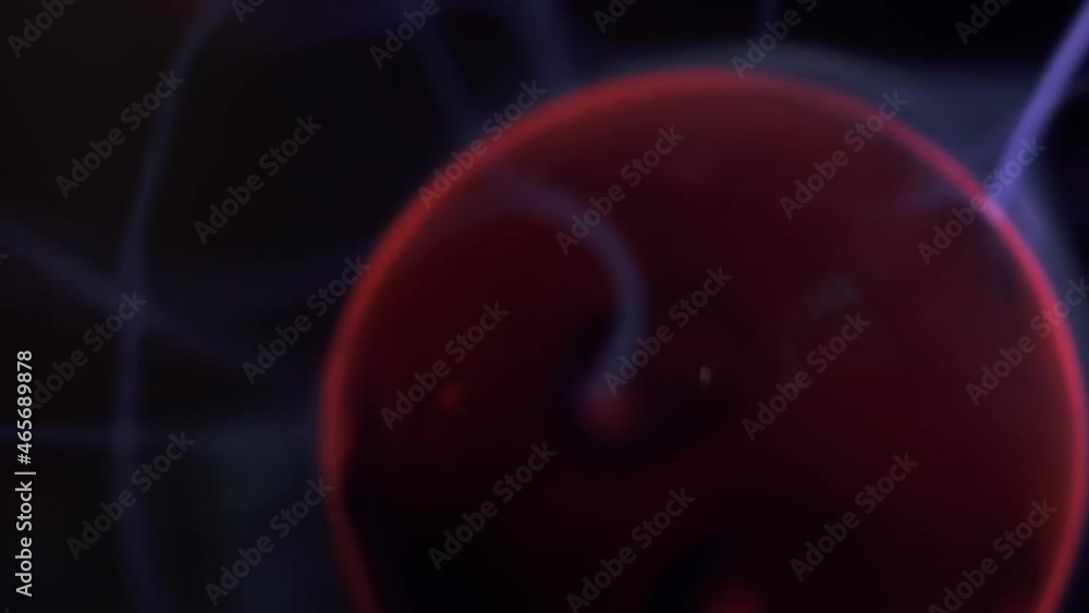 Poster macro close up in slow motion of a plasma globe lamp with lines of electricity going in all directio