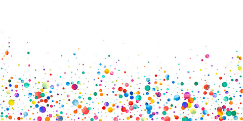 Watercolor confetti on white background. Alluring rainbow colored dots. Happy celebration wide colorful bright card. Bewitching hand painted confetti.