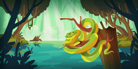Exotic tropical snake on tree in jungle with pond. Vector cartoon illustration of rainforest landscape with river or swamp with water lily and Trimeresurus Salazar, green and yellow serpent