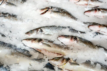 fish on ice. lots of fresh raw fish on ice, sold in the supermarket.