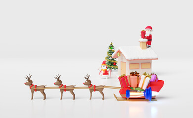 reindeer sleigh with jet engine,santa claus,house, gift box,christmas tree isolated on white background.website or poster or Happiness cards,banner and festive New Year, 3d illustration or 3d render
