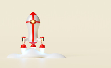 red white space ship or rocket launch in smoke isolated on beige background.start up template or business concept,3d illustration or 3d render