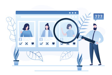 Male character looking for new acquaintances in dating app. Profiles of different women on web page. Handsome man evaluates profile of beautiful woman. Online dating service.