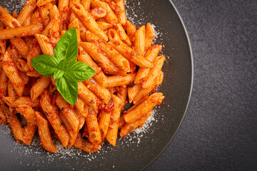Close-up of freshly made pasta Penne all'Arrabbiata top view