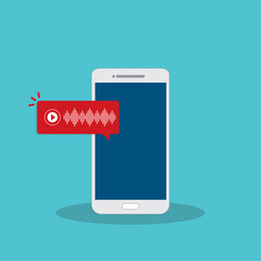 Voice message chat notification or audio podcast notification. Bubble speech on smart phone screen. Vector illustration	