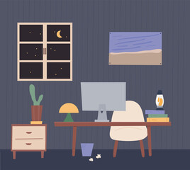 Workspace with desk in dark room. flat design style vector illustration.