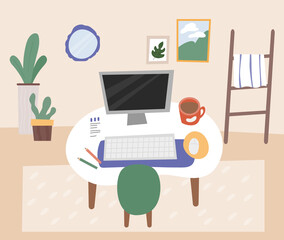 Workspace with computer and office supplies on the table and plants around the desk. flat design style vector illustration.