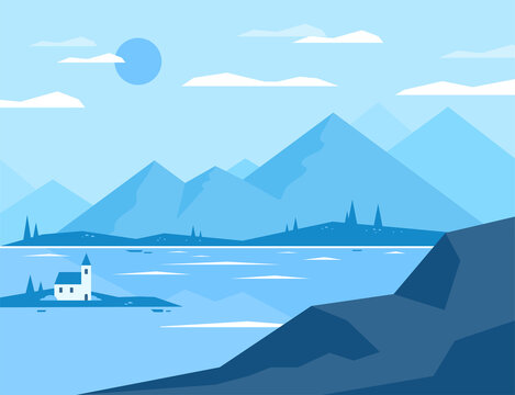 A small house in a landscape with mountains and a river. flat design style vector illustration.