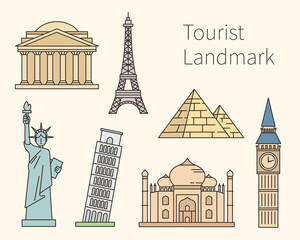 Collection of landmark icons of famous tourist destinations. flat design style vector illustration. © MINIWIDE