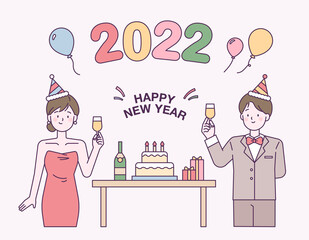 2020 new year card. A couple in dresses and suits are toasting with champagne. flat design style vector illustration.