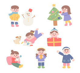 Christmas character. Cute children in winter clothes are playing. flat design style vector illustration.