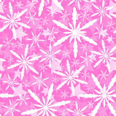 Seamless festive pink pattern, stars and abstract sparkling snowflakes. 