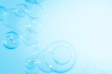 Beautiful Transparent Blue Soap Bubbles Background. White Copy Space