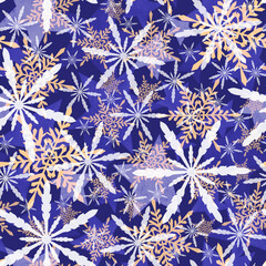 Shiny and golden snowflakes on a dark blue background, seamless Christmas pattern. 