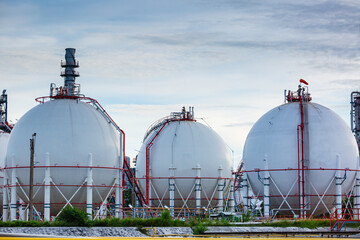 White spherical propane tanks.