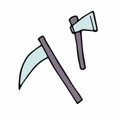 Doodle Halloween ax and scythe Set. Color sharp instruments isolated on white background. Hand-drawn steel arms symbol of Halloween, witch, purity, scary autumn holidays. Vector creepy illustration