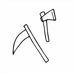 Doodle Halloween axe and scythe Set. Outline sharp instruments isolated on white background. Hand-drawn steel arms symbol of Halloween, witch, purity, scary autumn holidays. Vector creepy illustration