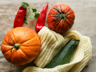Two pumpkins, zucchini in a knitted fabric, mint and red sweet pepper lie on a light fabric.