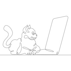 Cat with a desktop computer, a laptop with a pet.One continuous line.Cat logo.One continuous drawing line logo isolated minimal illustration.