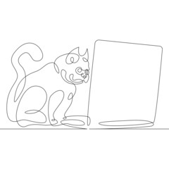 Cat with a desktop computer, a laptop with a pet.One continuous line.Cat logo.One continuous drawing line logo isolated minimal illustration.