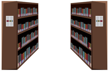 Bookcase with books on white background