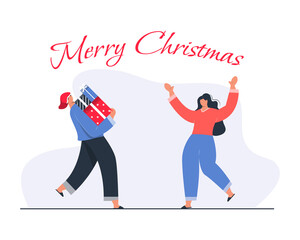 Happy Man Carrying or Giving Christmas Gift Concept Illustration