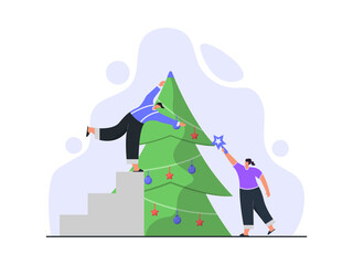 People Decorating Christmas Tree Concept Illustration