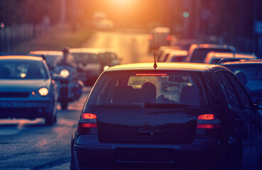 Fototapeta na wymiar Heavy traffic, traffic jam in city at sunset