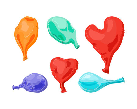 Various deflated balloons. Vector cartoon illustration.Bright inflatable balloons of various shapes and colors. Festive decorative elements, Set on a white isolated background