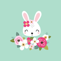 Cute white rabbit face with summer flowers.  Perfect for tee shirt logo, greeting card, poster, invitation or print design. 