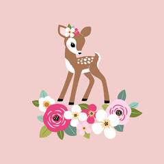 Cute vintage fawn with summer flowers.  Perfect for tee shirt logo, greeting card, poster, invitation or print design.