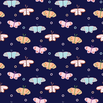 Seamless Pattern with Butterfly Design on Dark Blue Background