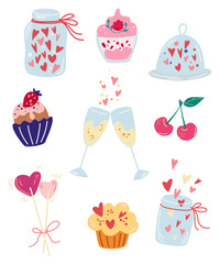 Sweets for Valentine’s day collection. Jars with hearts, lollipops, pancakes, muffins and cupcakes, cherries and strawberries. For restaurants cafes recipes and menus. Vector illustration.