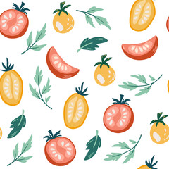 Tomatoes seamless pattern. Cooking ingredient in modern sketch hand drawn style. Colorful background of vegetable, good for fabric textile print or wrapping paper. Vector illustration.