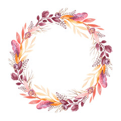 Fototapeta na wymiar Watercolor flowers and plants. Collection of greeting cards and wreaths for invitations to weddings and holidays. Flowers in orange-violet and pink tones.