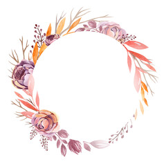 Watercolor flowers and plants. Collection of greeting cards and wreaths for invitations to weddings and holidays. Flowers in orange-violet and pink tones.