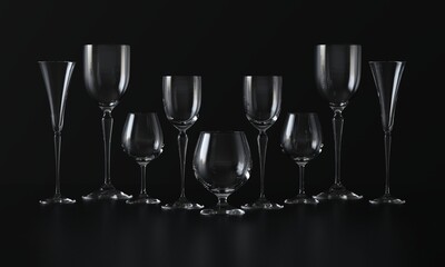 Lots of wine glasses of different shapes. Dark background. 3d rendering