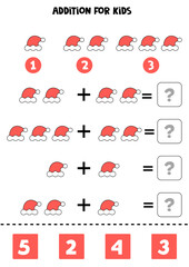 Addition worksheet with cartoon Christmas hat. Math game.