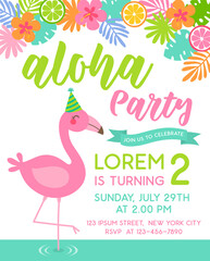 Cute flamingo with tropical flower and leaf border illustration for party invitation card template.
