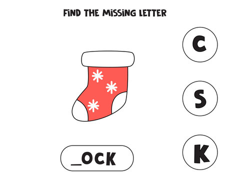 Find Missing Letter With Cartoon Sock. Spelling Worksheet.