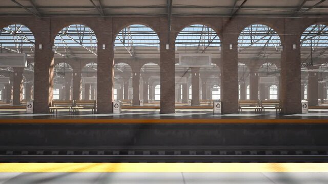 Looping animation of empty train station platforms. Trucks, railway traction.