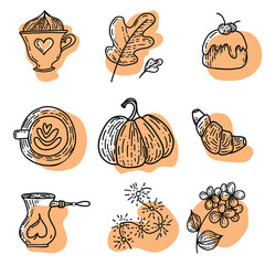 Autumn set. Cappuccino, coffee, croissant, pumpkin, hydrangea, garland. We baked delicious food and coffee.