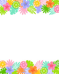 Colorful hibiscus flowers and tropical leaves border with copy space for greeting or invitation card template.