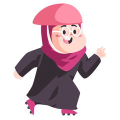 Moslem girl kids woman with helmet and pink hijab is running by inline skates to be healthy modern cartoon flat color isolated background vector