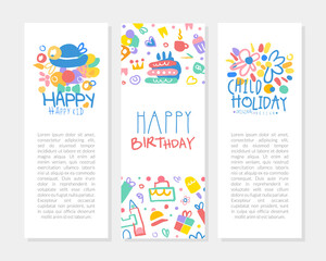 Fun and Holiday Bright Banner with Doodle Cake and Elements Vector Hand Drawn Template