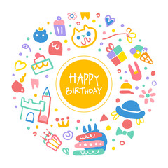 Fun and Holiday Bright Circle Composition with Doodle Cake and Elements Vector Hand Drawn Template