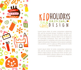 Fun and Holiday Bright Card with Doodle Cake and Elements Vector Hand Drawn Template